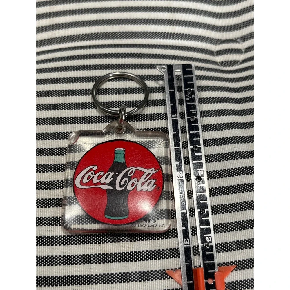 Vintage 1991 Coca-Cola Keychain Red Disc Bottle Logo Acrylic Key Fob Soda Pop